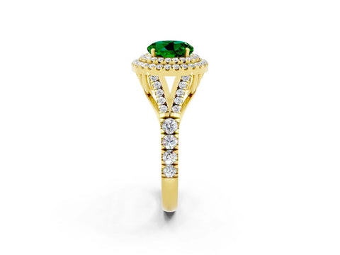 Yellow gold Double Halo Round Cut Emerald Pavé Split Shank Ring with Prong Setting_2