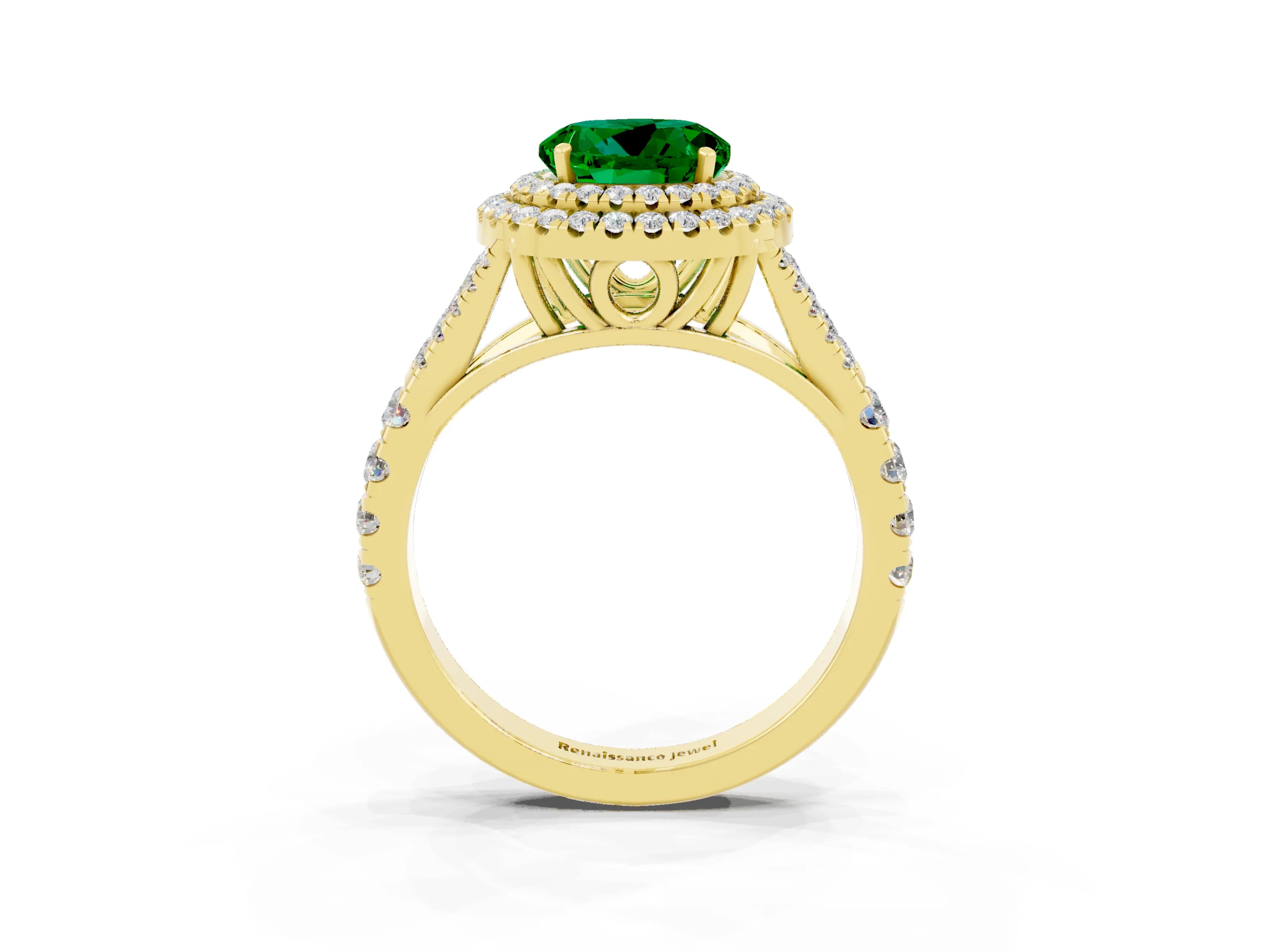 Yellow gold Double Halo Round Cut Emerald Pavé Split Shank Ring with Prong Setting_3
