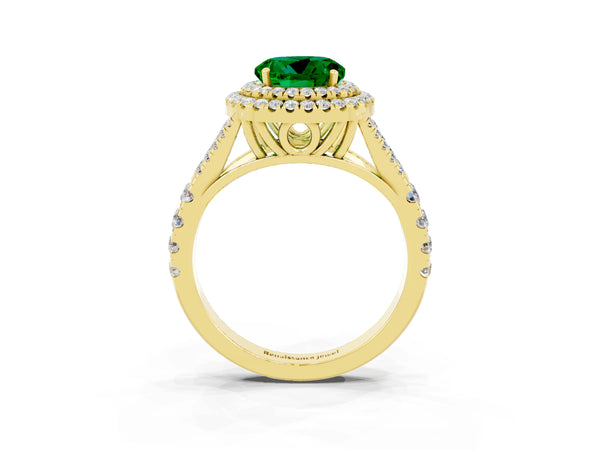 Yellow gold Double Halo Round Cut Emerald Pavé Split Shank Ring with Prong Setting