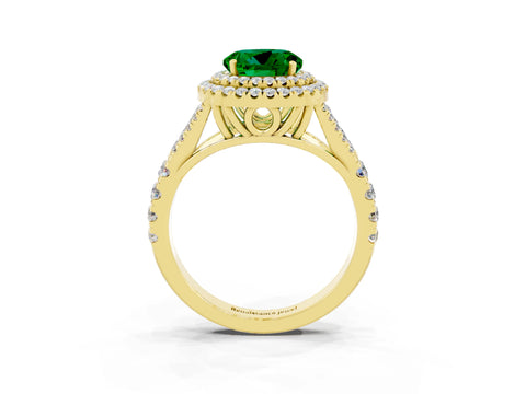 Yellow gold Double Halo Round Cut Emerald Pavé Split Shank Ring with Prong Setting_3