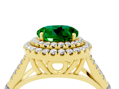 Yellow gold Double Halo Round Cut Emerald Pavé Split Shank Ring with Prong Setting_4