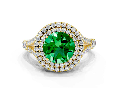 Yellow gold Double Halo Round Cut Emerald Pavé Split Shank Ring with Prong Setting