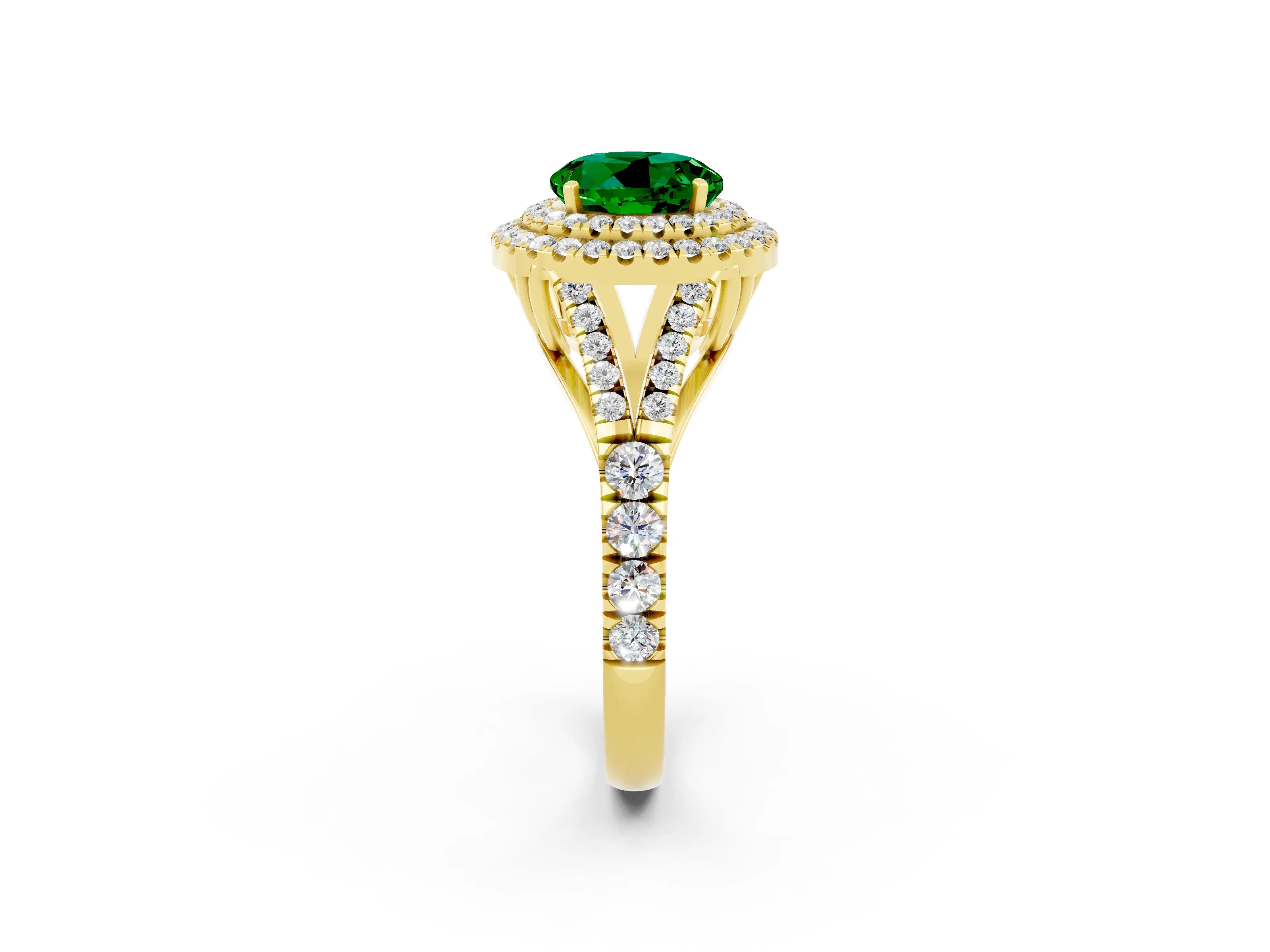 Yellow gold Double Halo Round Cut Emerald Split Shank Engagement Ring with Four-Prong Setting_2