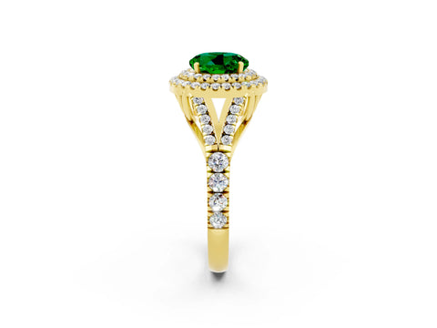 Yellow gold Double Halo Round Cut Emerald Split Shank Engagement Ring with Four-Prong Setting_2