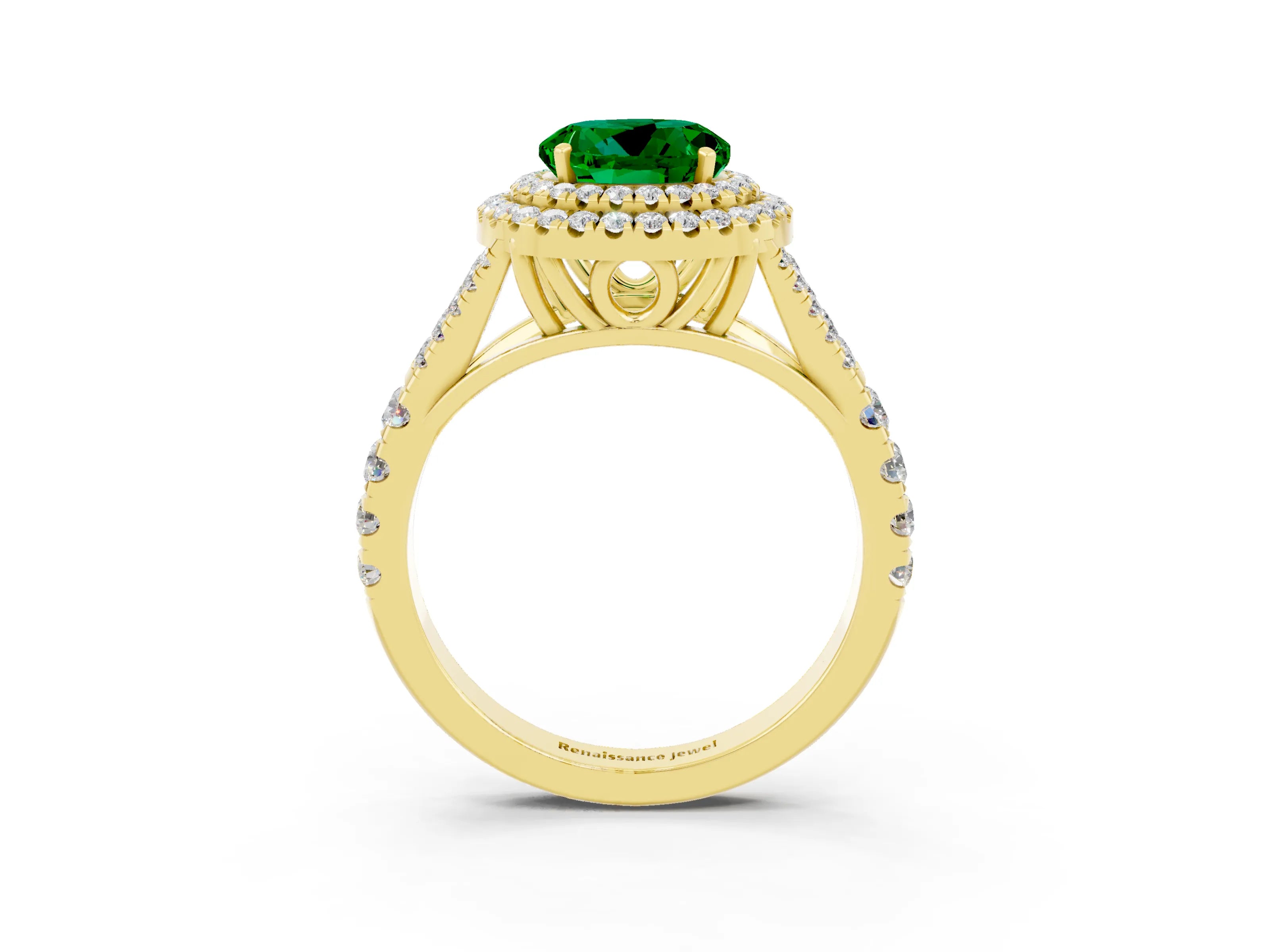 Yellow gold Double Halo Round Cut Emerald Split Shank Engagement Ring with Four-Prong Setting_3