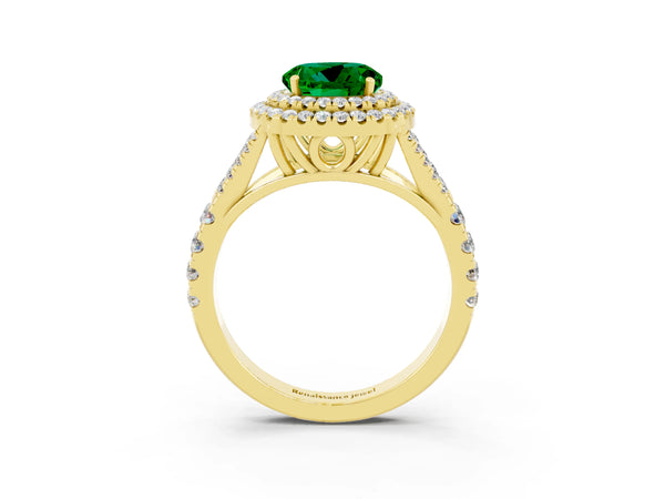 Yellow gold Double Halo Round Cut Emerald Split Shank Engagement Ring with Four-Prong Setting