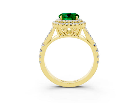 Yellow gold Double Halo Round Cut Emerald Split Shank Engagement Ring with Four-Prong Setting_3