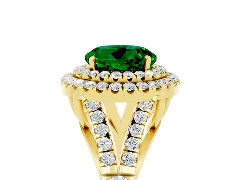 Yellow gold Double Halo Round Cut Emerald Split Shank Engagement Ring with Four-Prong Setting_5