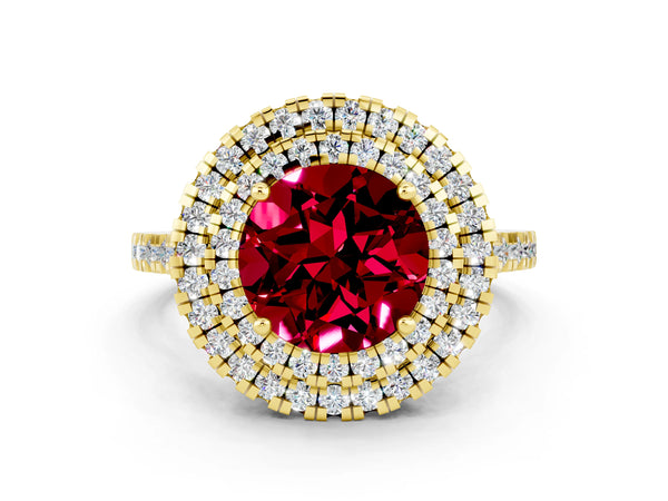 Yellow gold Double Halo Round Cut Garnet Pavé Band with Four-Prong Setting