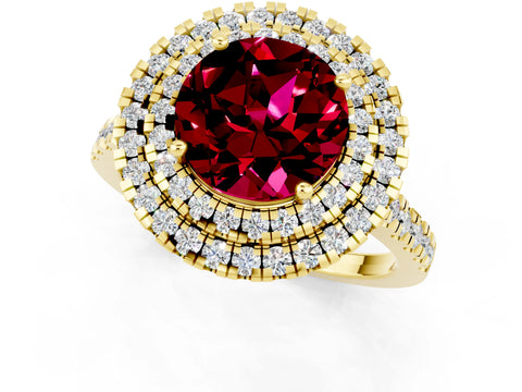 Yellow gold Double Halo Round Cut Garnet Pavé Band with Four-Prong Setting_1