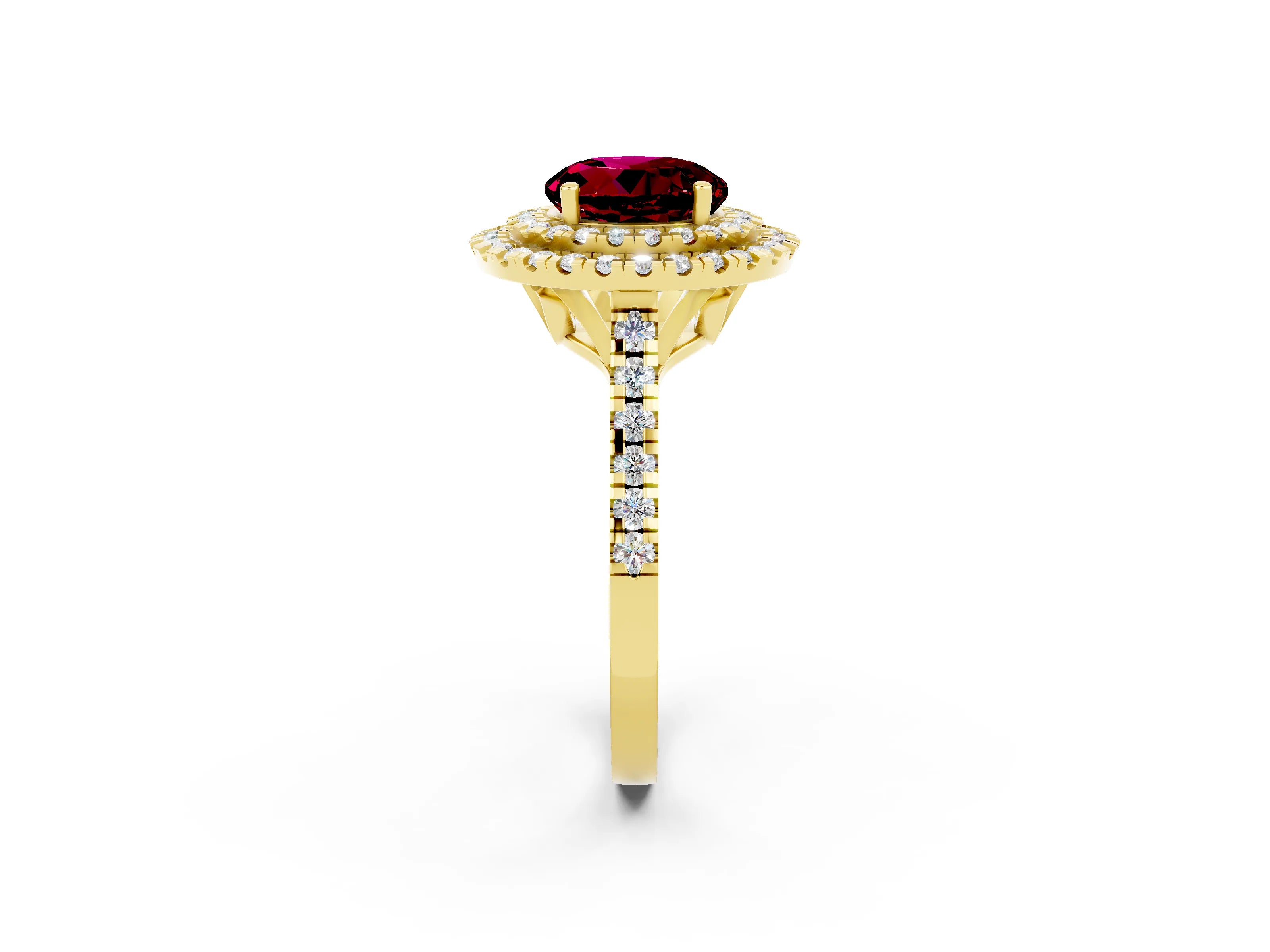 Yellow gold Double Halo Round Cut Garnet Pavé Band with Four-Prong Setting_2