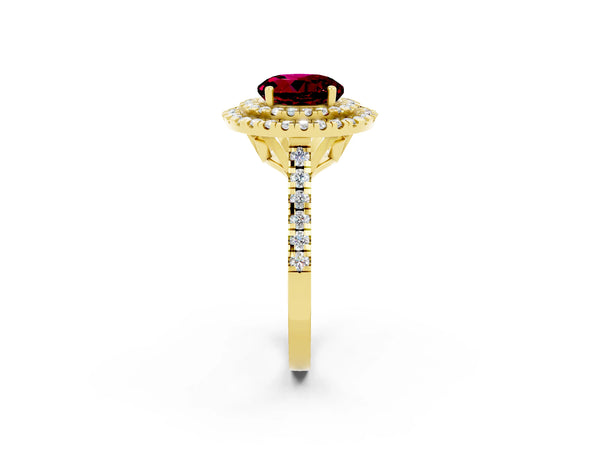 Yellow gold Double Halo Round Cut Garnet Pavé Band with Four-Prong Setting