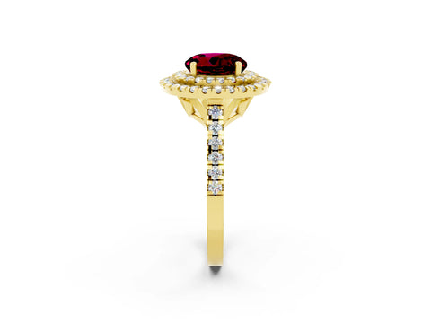 Yellow gold Double Halo Round Cut Garnet Pavé Band with Four-Prong Setting_2