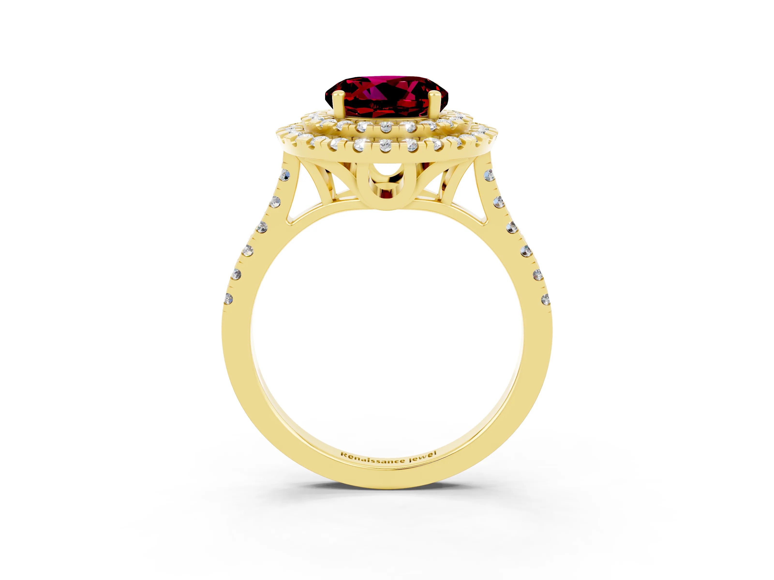 Yellow gold Double Halo Round Cut Garnet Pavé Band with Four-Prong Setting_3