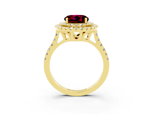 Yellow gold Double Halo Round Cut Garnet Pavé Band with Four-Prong Setting
