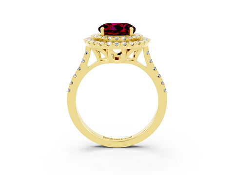 Yellow gold Double Halo Round Cut Garnet Pavé Band with Four-Prong Setting_3