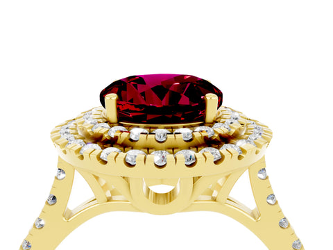 Yellow gold Double Halo Round Cut Garnet Pavé Band with Four-Prong Setting_4