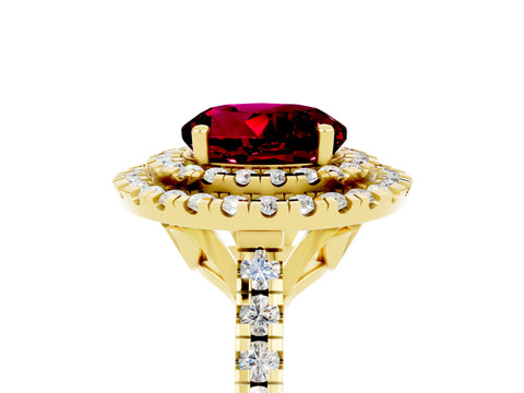 Yellow gold Double Halo Round Cut Garnet Pavé Band with Four-Prong Setting_5