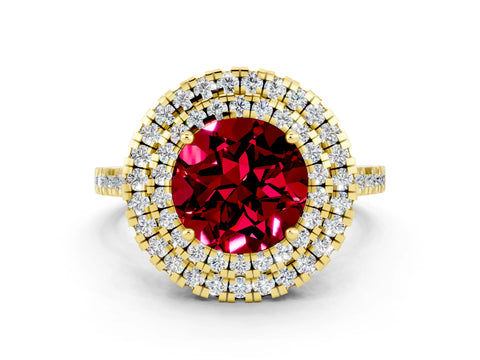 Yellow gold Double Halo Round Cut Garnet Pavé Band with Four-Prong Setting