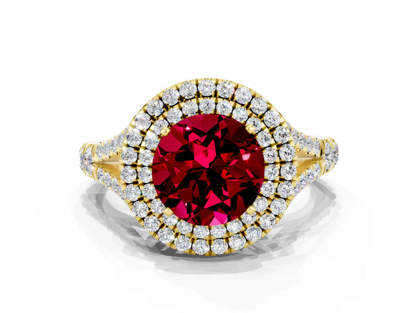 Yellow gold Double Halo Round Cut Garnet Pavé Split Shank Ring with Prong Setting