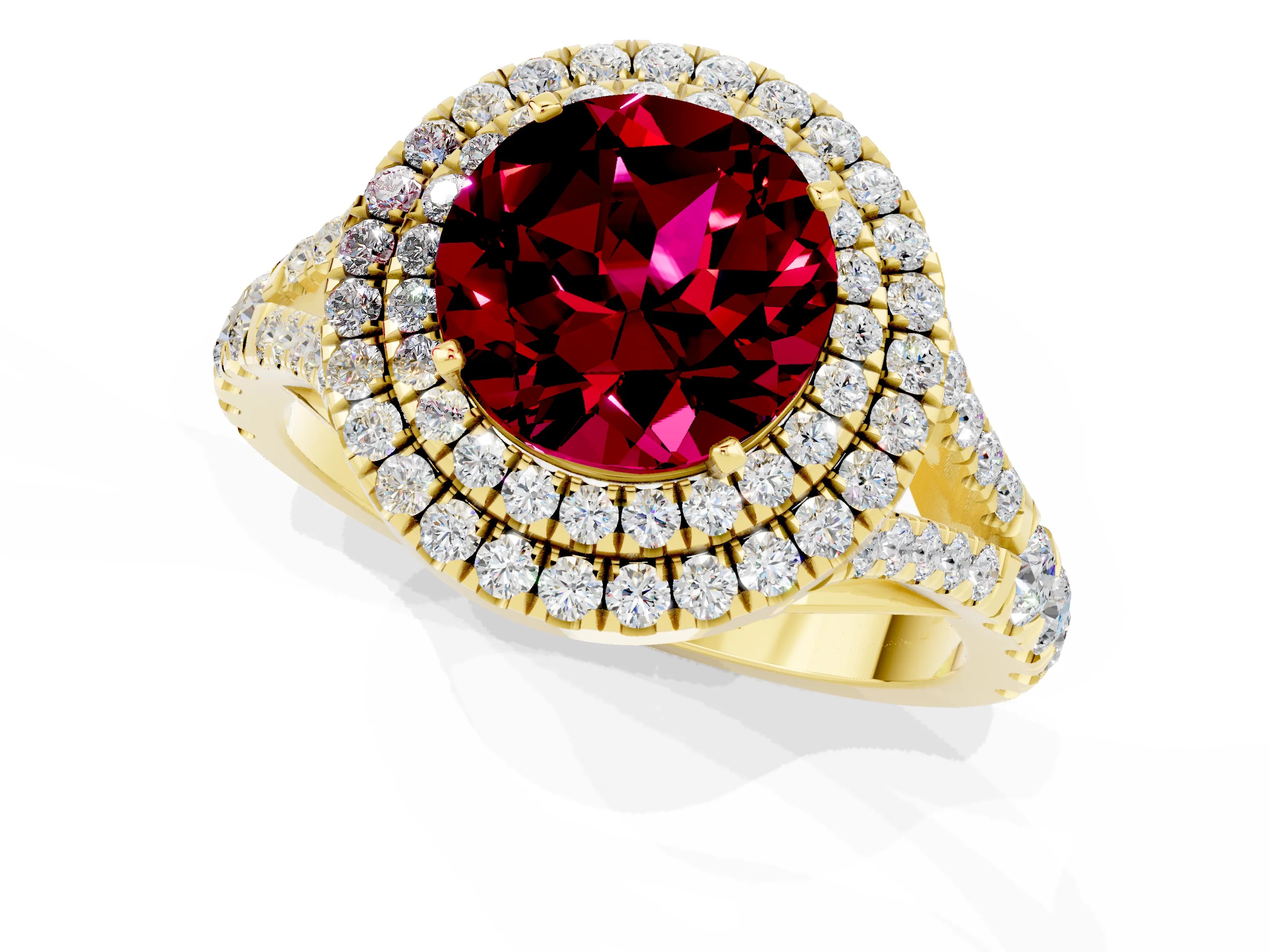 Yellow gold Double Halo Round Cut Garnet Pavé Split Shank Ring with Prong Setting_1