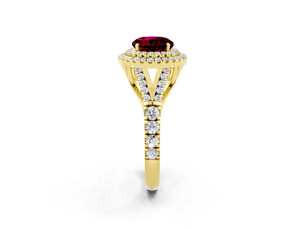 Yellow gold Double Halo Round Cut Garnet Pavé Split Shank Ring with Prong Setting