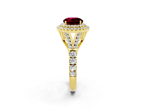 Yellow gold Double Halo Round Cut Garnet Pavé Split Shank Ring with Prong Setting_2