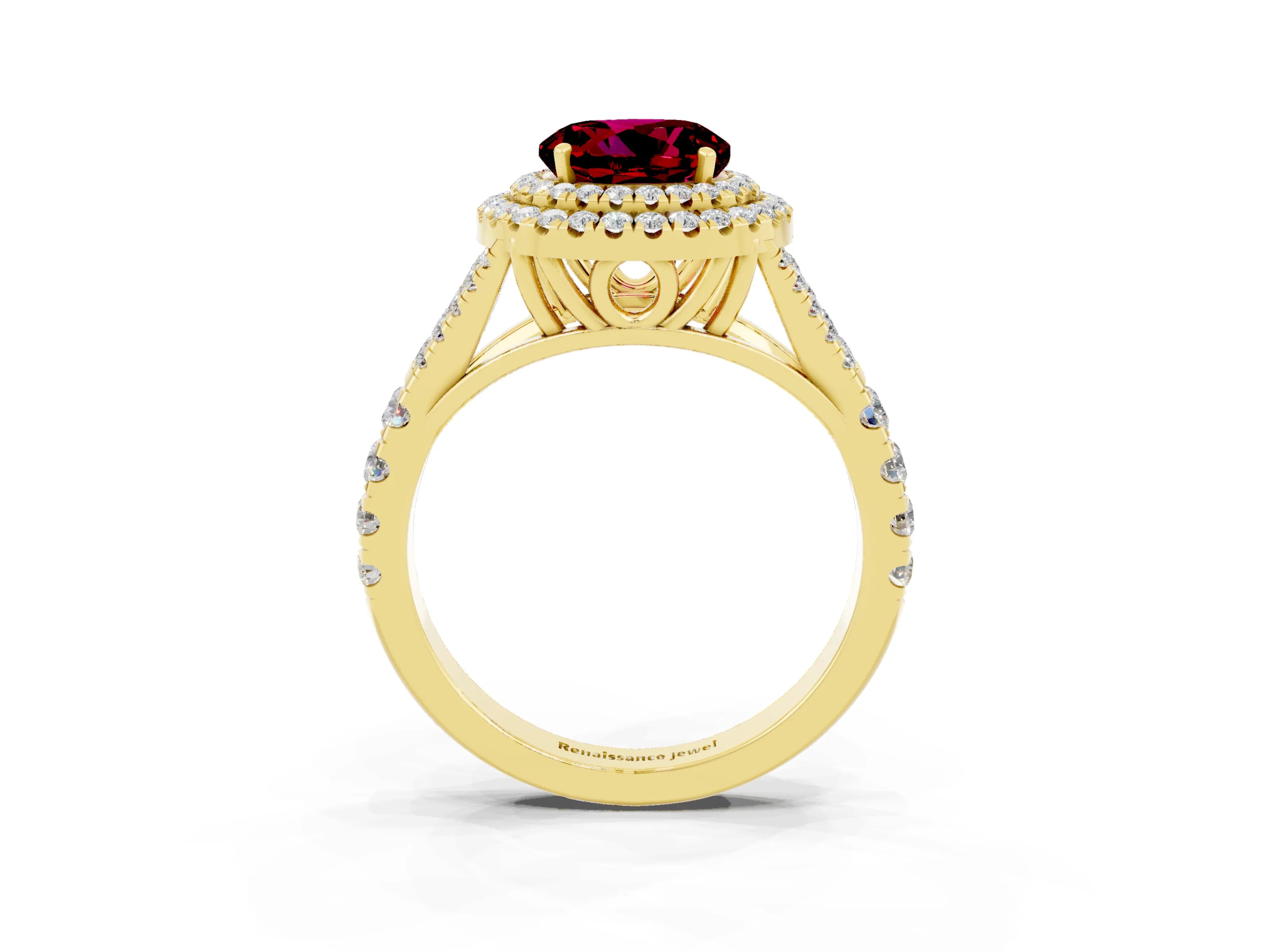 Yellow gold Double Halo Round Cut Garnet Pavé Split Shank Ring with Prong Setting_3