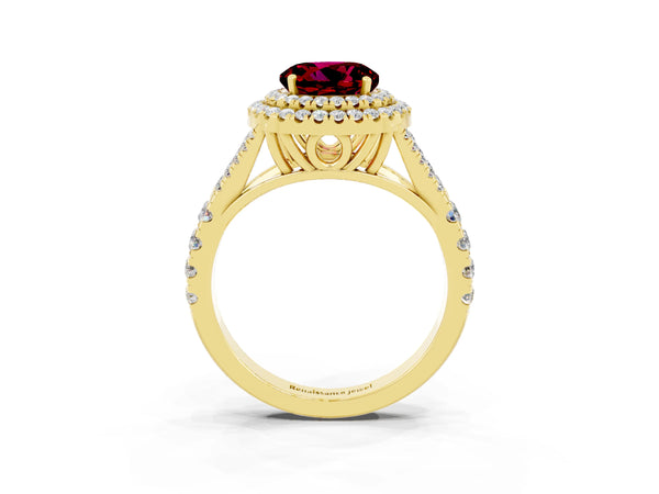 Yellow gold Double Halo Round Cut Garnet Pavé Split Shank Ring with Prong Setting