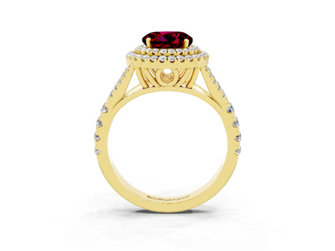 Yellow gold Double Halo Round Cut Garnet Pavé Split Shank Ring with Prong Setting_3