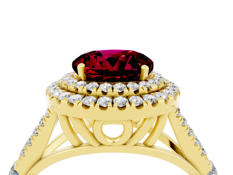 Yellow gold Double Halo Round Cut Garnet Pavé Split Shank Ring with Prong Setting_4
