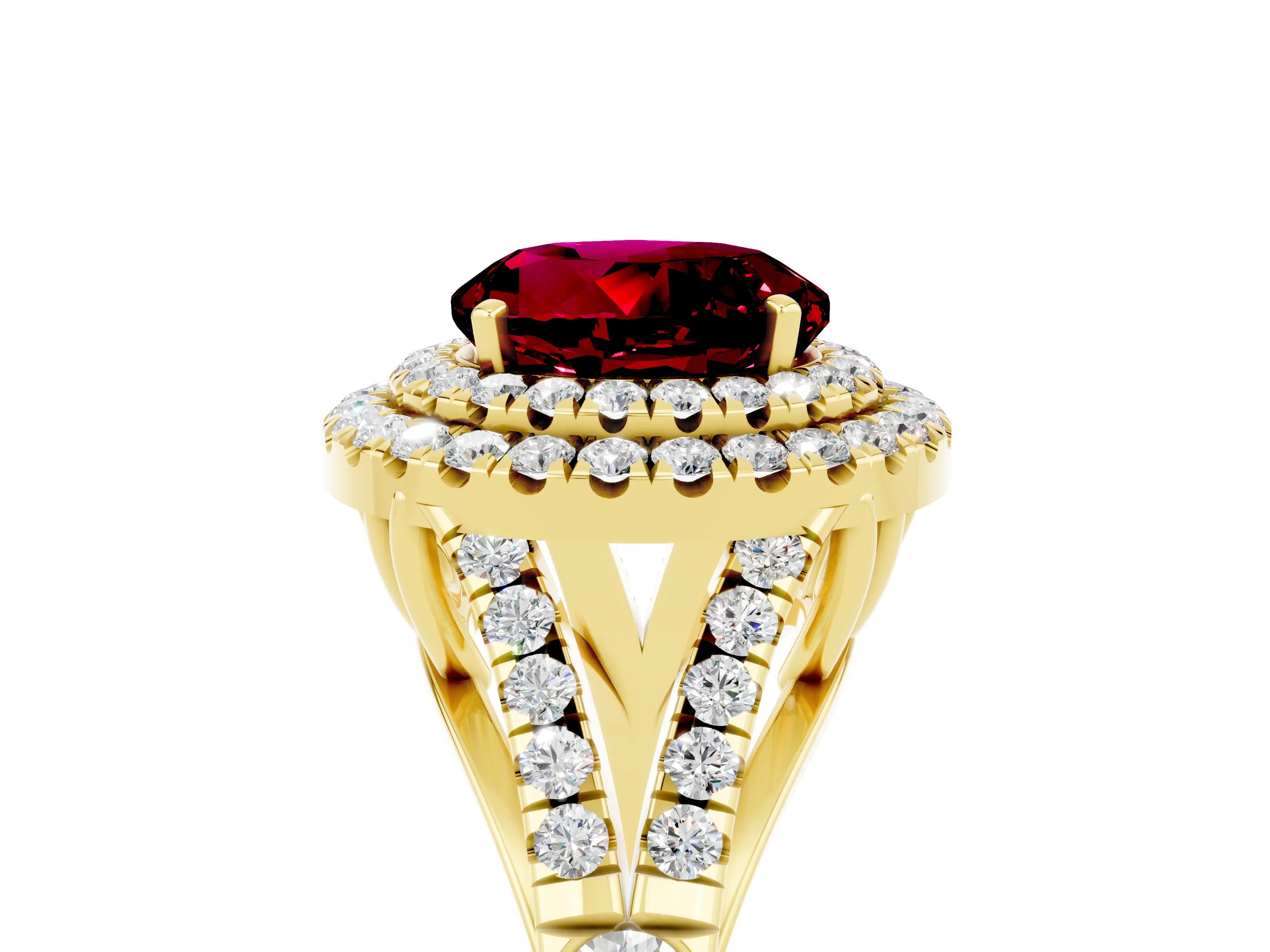 Yellow gold Double Halo Round Cut Garnet Pavé Split Shank Ring with Prong Setting_5