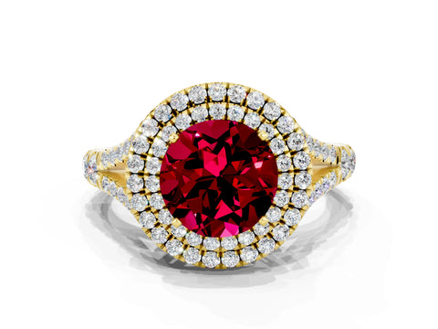 Yellow gold Double Halo Round Cut Garnet Pavé Split Shank Ring with Prong Setting