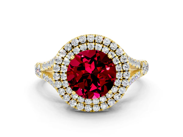 Yellow gold Double Halo Round Cut Garnet Split Shank Engagement Ring with Four-Prong Setting