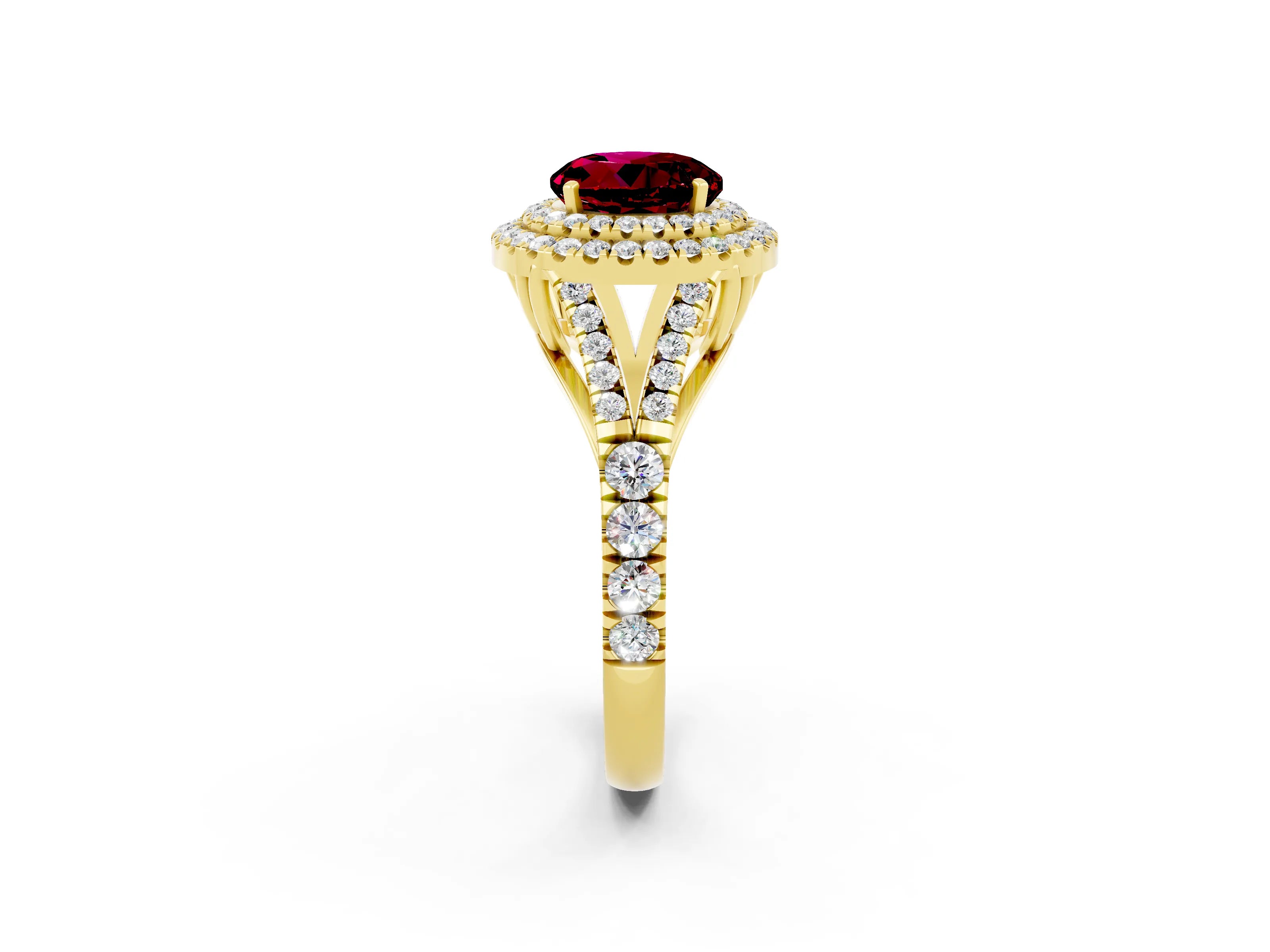 Yellow gold Double Halo Round Cut Garnet Split Shank Engagement Ring with Four-Prong Setting_2