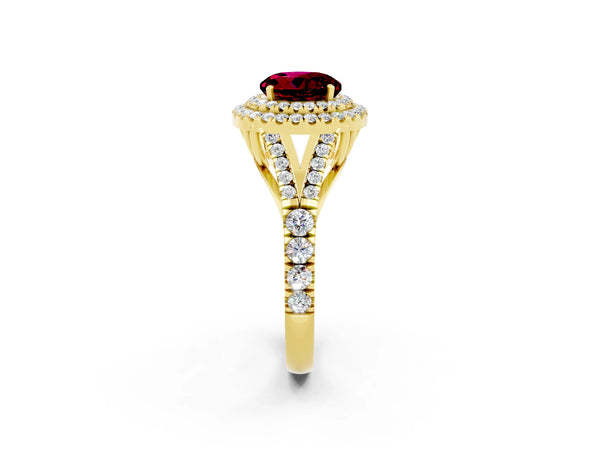 Yellow gold Double Halo Round Cut Garnet Split Shank Engagement Ring with Four-Prong Setting