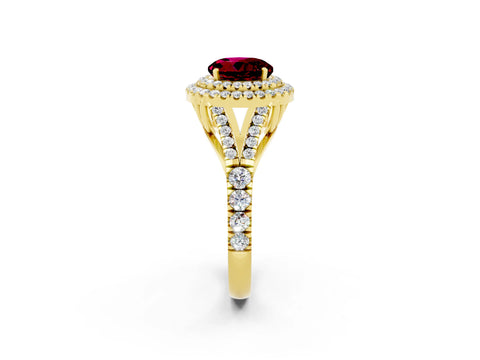 Yellow gold Double Halo Round Cut Garnet Split Shank Engagement Ring with Four-Prong Setting_2
