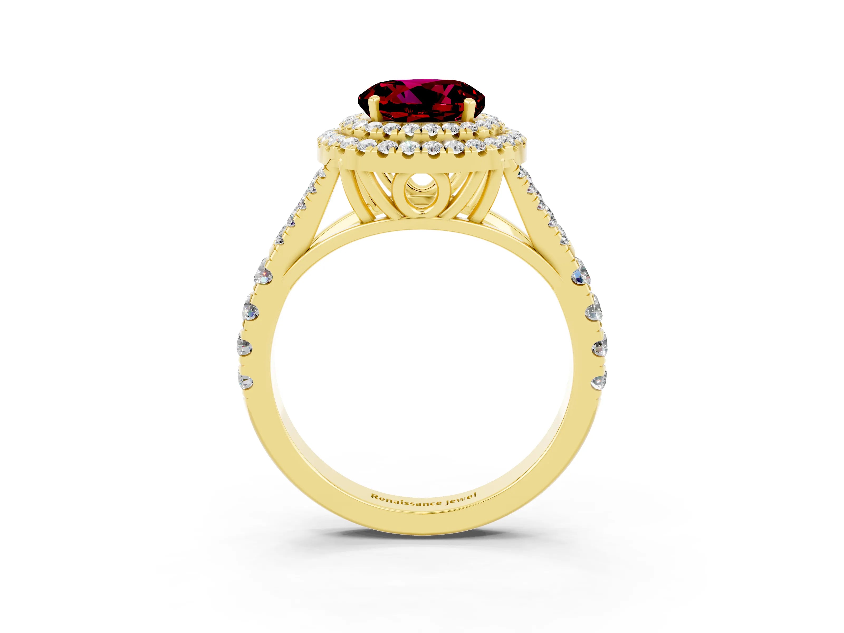 Yellow gold Double Halo Round Cut Garnet Split Shank Engagement Ring with Four-Prong Setting_3