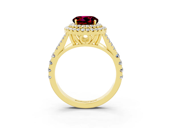 Yellow gold Double Halo Round Cut Garnet Split Shank Engagement Ring with Four-Prong Setting