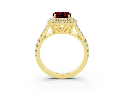 Yellow gold Double Halo Round Cut Garnet Split Shank Engagement Ring with Four-Prong Setting_3