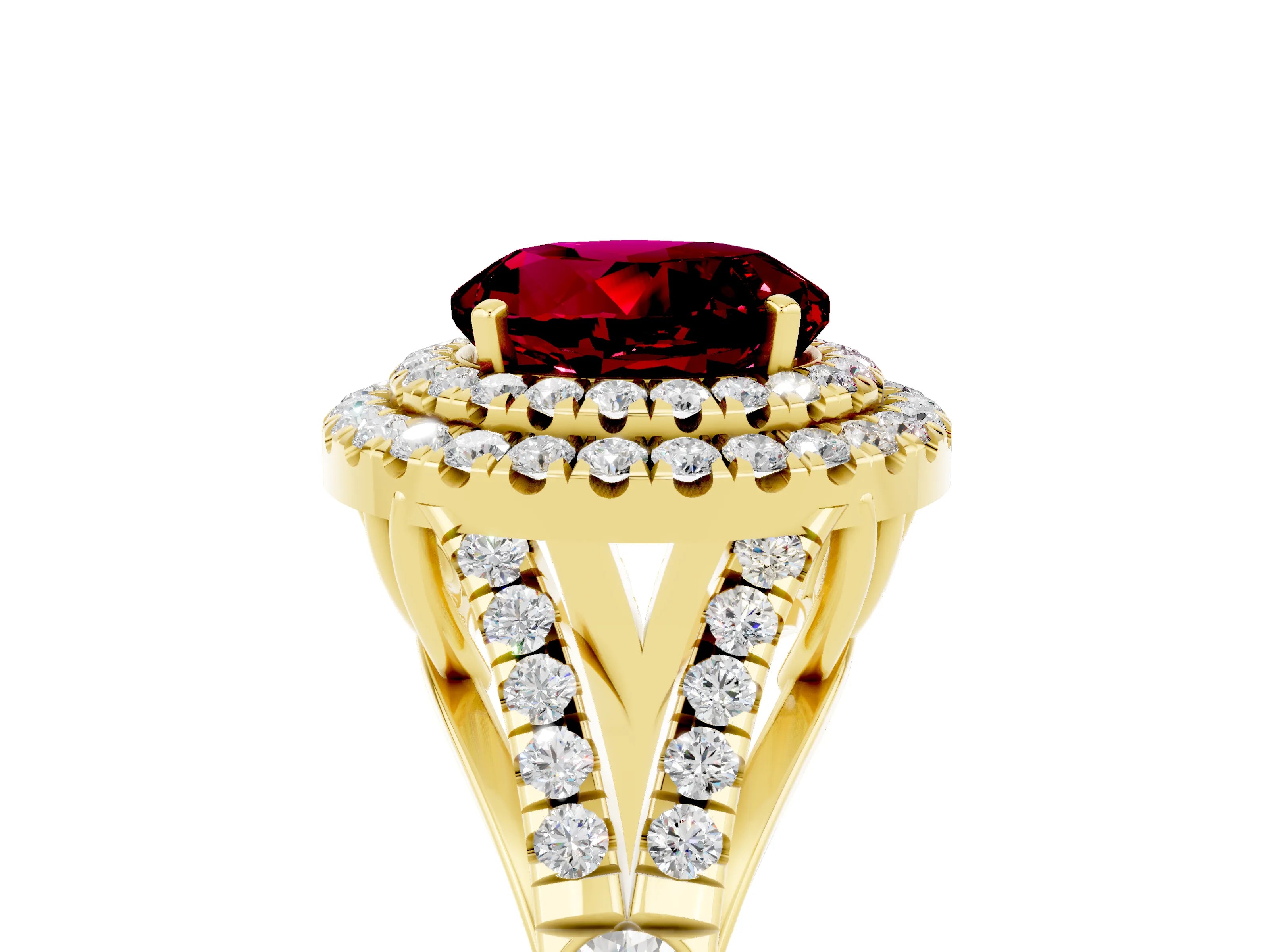 Yellow gold Double Halo Round Cut Garnet Split Shank Engagement Ring with Four-Prong Setting_5