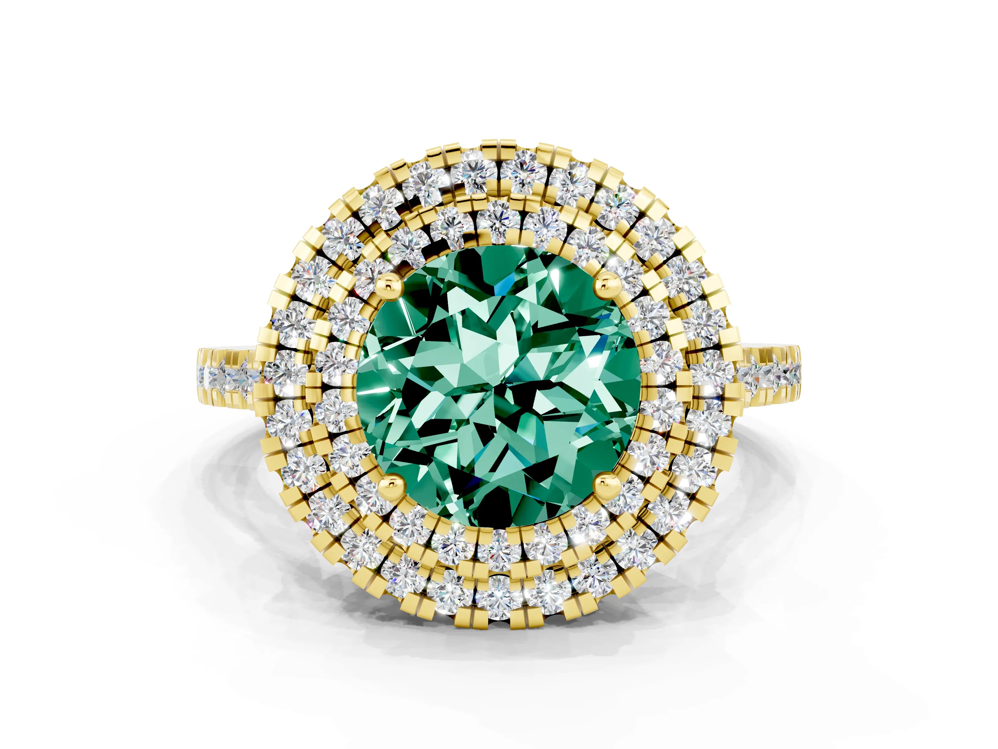 Yellow gold Double Halo Round Cut Green Sapphire Pavé Band with Four-Prong Setting