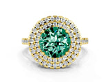 Yellow gold Double Halo Round Cut Green Sapphire Pavé Band with Four-Prong Setting