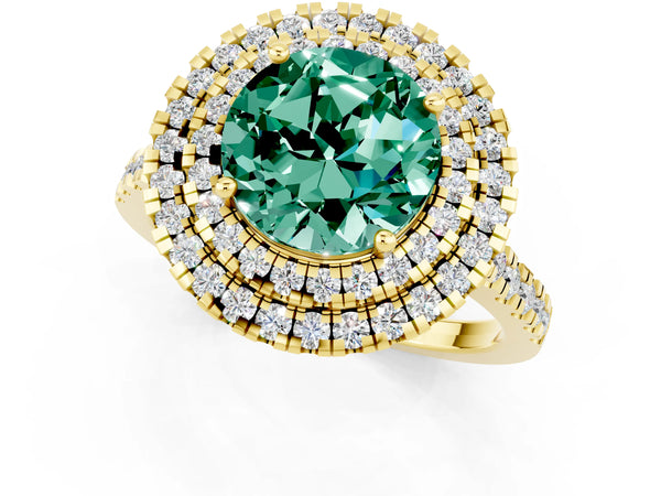 Yellow gold Double Halo Round Cut Green Sapphire Pavé Band with Four-Prong Setting