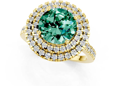 Yellow gold Double Halo Round Cut Green Sapphire Pavé Band with Four-Prong Setting_1