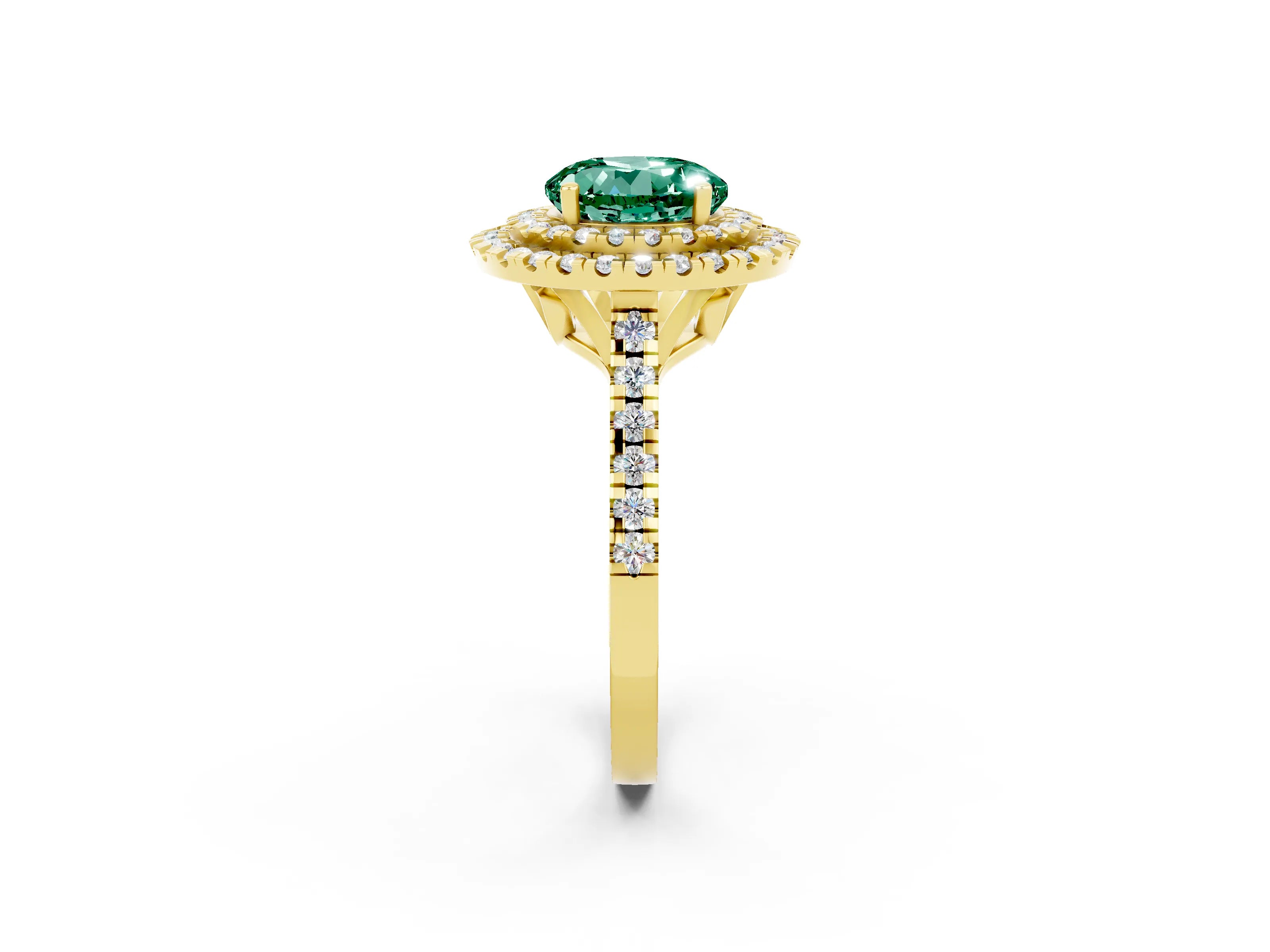 Yellow gold Double Halo Round Cut Green Sapphire Pavé Band with Four-Prong Setting_2
