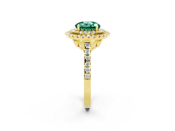 Yellow gold Double Halo Round Cut Green Sapphire Pavé Band with Four-Prong Setting