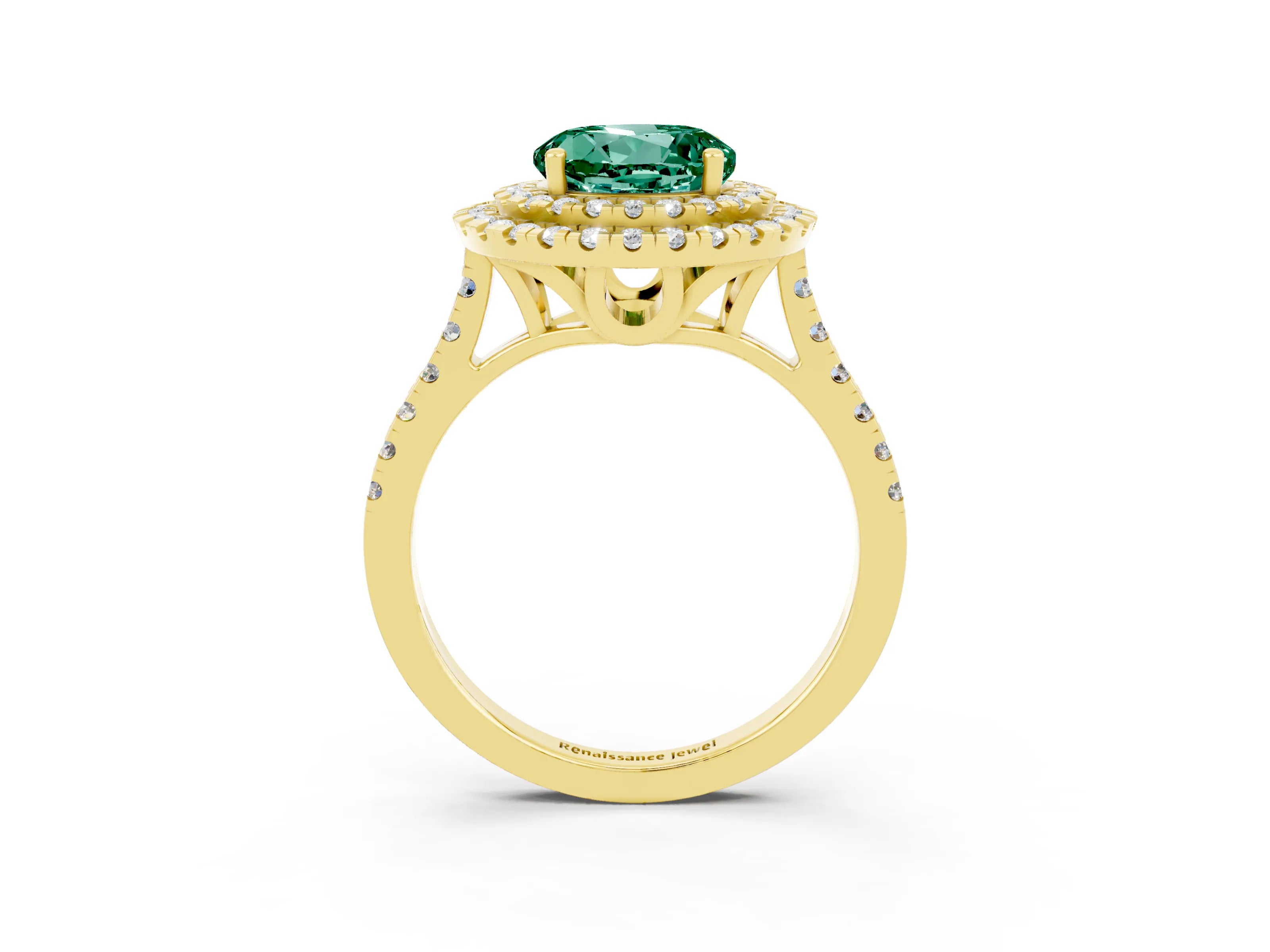 Yellow gold Double Halo Round Cut Green Sapphire Pavé Band with Four-Prong Setting_3