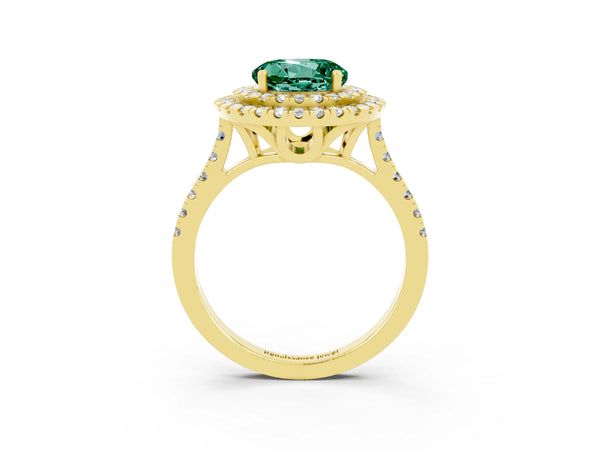 Yellow gold Double Halo Round Cut Green Sapphire Pavé Band with Four-Prong Setting