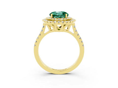 Yellow gold Double Halo Round Cut Green Sapphire Pavé Band with Four-Prong Setting_3